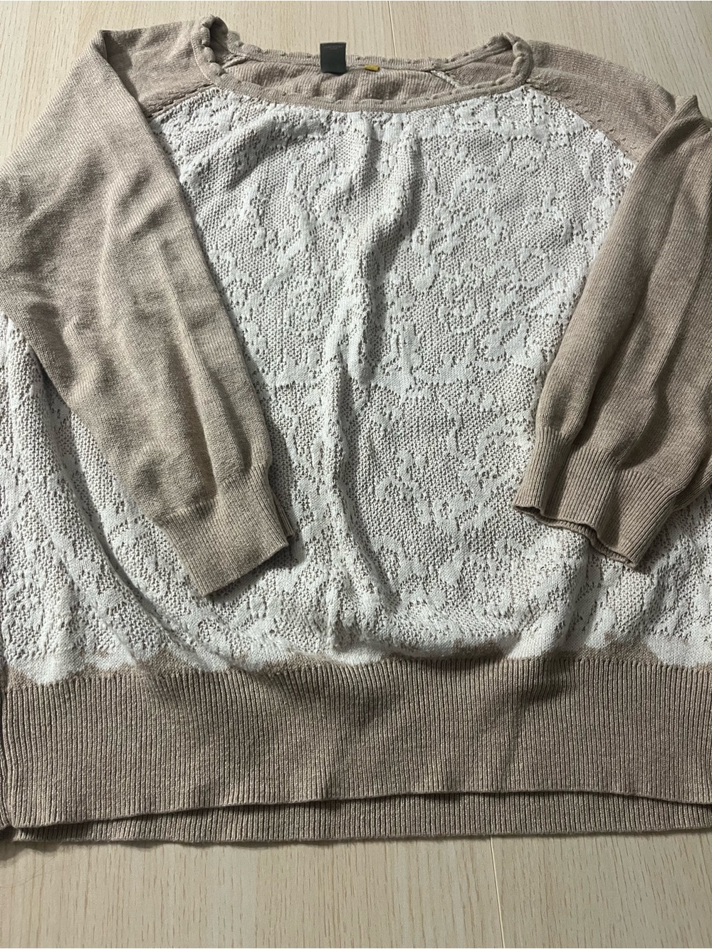 Anthropologie Cream Lace Front Sweater with Tan Knit Trim